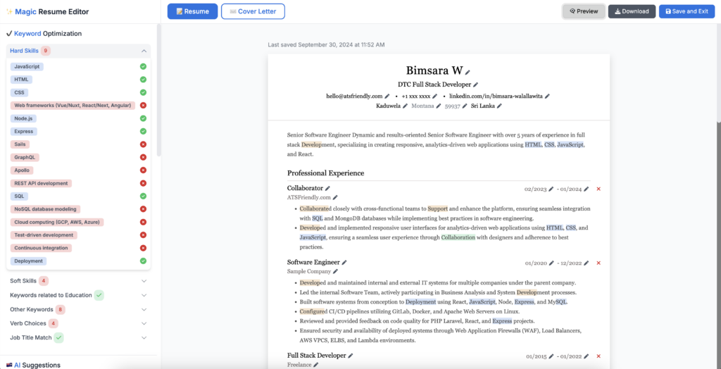 Tailoring your resume to a job description with AI Resume Editor