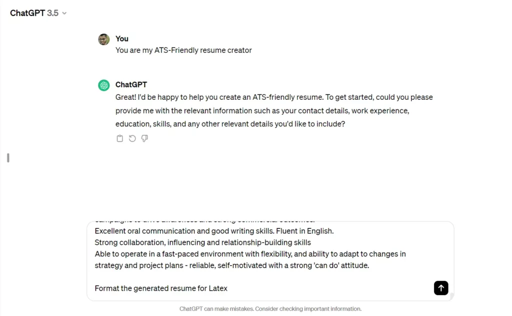 Generating resume with Chat GPT