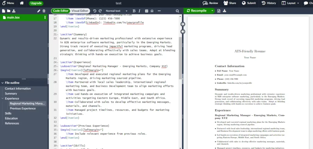 Format your resume text with Latex Overleaf